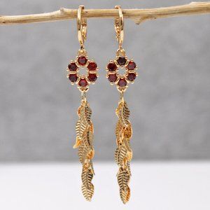 18K Yellow Gold Filled Flower Ruby Red Diamond Zircon Tassel Dangle Earrings